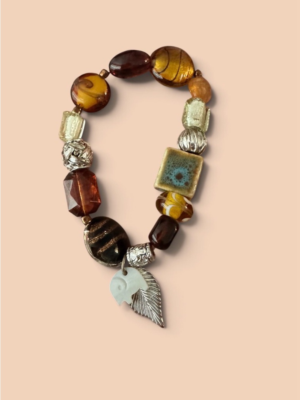 Boho Amber Beaded Charm Bracelet with Elephant Bracelet